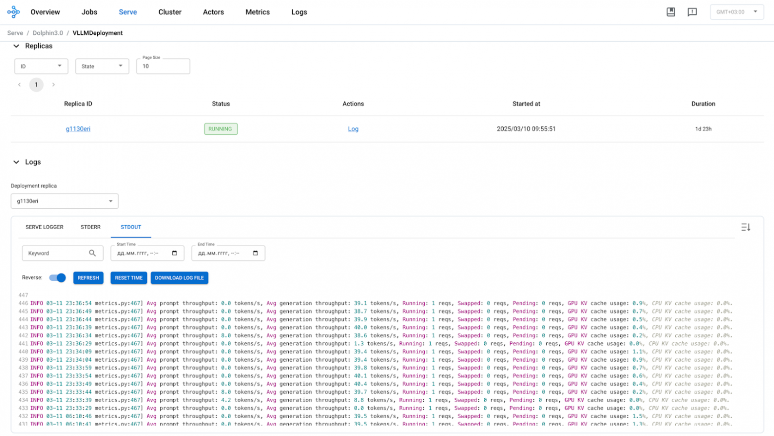 Честно признаюсь, скрин логов взят со старой версии Ray и для модели Dolphin, которая использует Engine V0. В новой версии V1 можно сделать вывод логов по эндпойнту /metrics, но я это ещё не настроил
